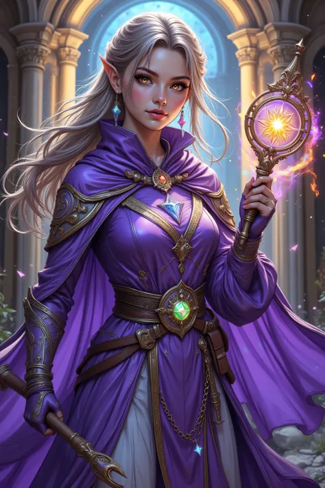 Colorful,zavy-ctcmcs,w1n,hyp3rd3tail style,aidmamj6.1,a picture of a female elf (intense details, Masterpiece, best quality) fantasy cleric, fantasy celestial guardian, armed with a holy symbol, shinning holy symbol, metallic shine, an ultra wide shot, ful...