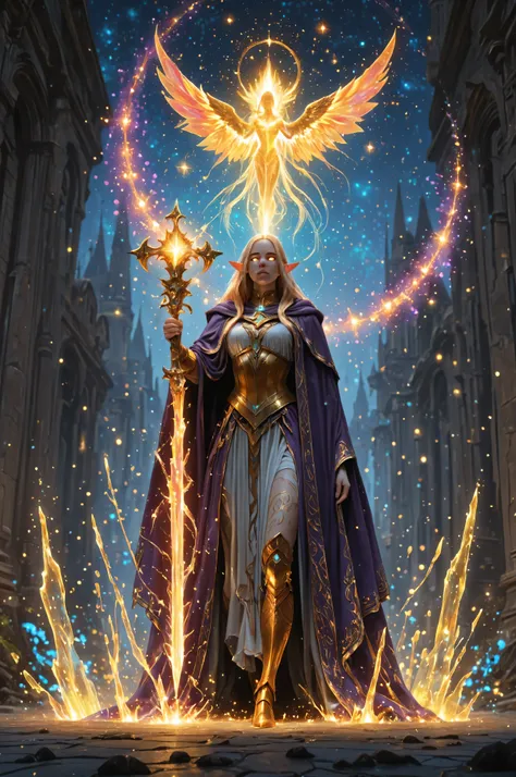 fantasy,elf, pointed ears,elven, a portrait of a female elf (intense details, Masterpiece, best quality) fantasy cleric, fantasy celestial guardian, armed with a holy symbol, shinning holy symbol, metallic shine, an ultra wide shot, full body (intense deta...