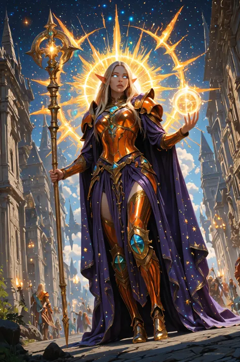 fantasy,elf, pointed ears,elven, a facial portrait of a female elf (intense details, Masterpiece, best quality) fantasy cleric, fantasy celestial guardian, armed with a holy symbol, shinning holy symbol, metallic shine, an ultra wide shot, full body (inten...