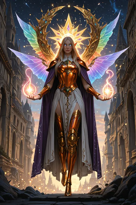 fantasy,elf, pointed ears,elven, a portrait of a female elf (intense details, Masterpiece, best quality) fantasy cleric, fantasy celestial guardian, armed with a holy symbol, shinning holy symbol, metallic shine, an ultra wide shot, full body (intense deta...