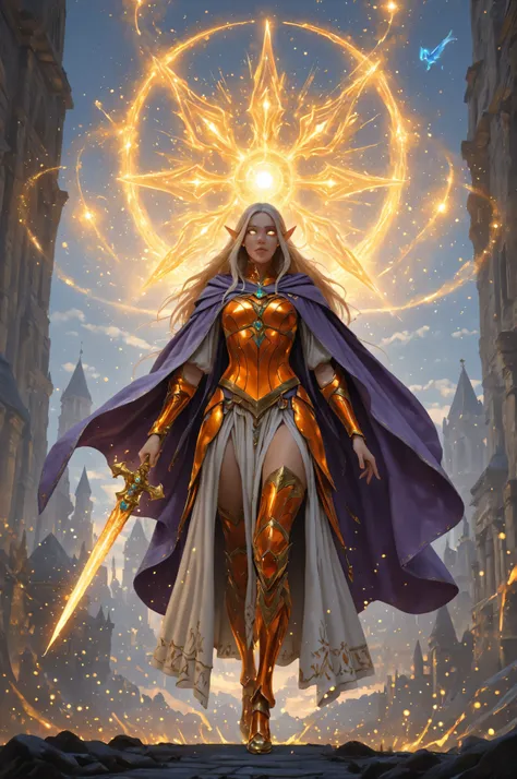 fantasy,elf, pointed ears,elven, a portrait of a female elf (intense details, Masterpiece, best quality) fantasy cleric, fantasy celestial guardian, armed with a holy symbol, shinning holy symbol, metallic shine, an ultra wide shot, full body (intense deta...
