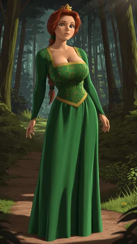 masterpiece, best quality, Princess Fiona, 1girl, solo, blue eyes, freckles, lips, red hair, long hair, braided ponytail, green hair tie, crown, shrek 1 dress, green dress, plano medio, caderas grandes, tetas grandes, looking at viewer, forest, full body, ...