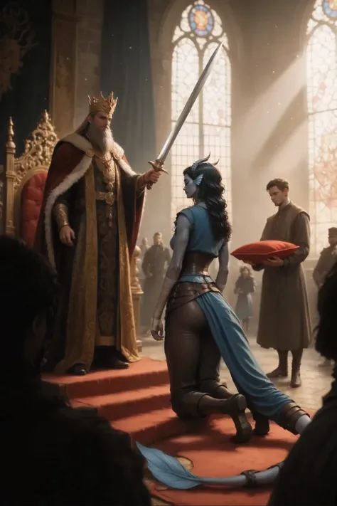 score_9, score_8_up, score_7_up ultra-detailed, Masterpiece, best quality, amazing quality. Вид немного сверху из-за спин придворных на торжественную церемонию посвящения. Kedra девушка с сине-серой кожей (длинным толстым хвостом стелящемся по земле), небо...