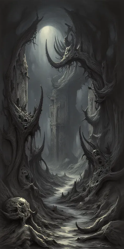 Eldritch nightmare on a desolate world, ancient ruins, Lovecraftian creatures, tentacles, rot, gore, chaos, destruction, black sun, wastelands, surreal horror.