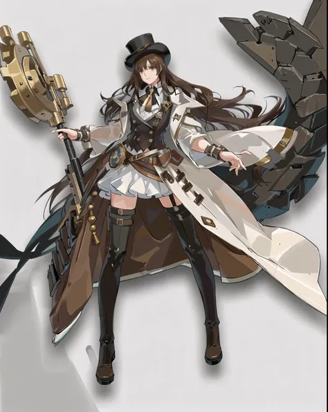 long brown hair, steampunk, long hair, A girl, top hat, watches holding two rifles, belts with, high boots and a giant watch back in the background, fondo blanco