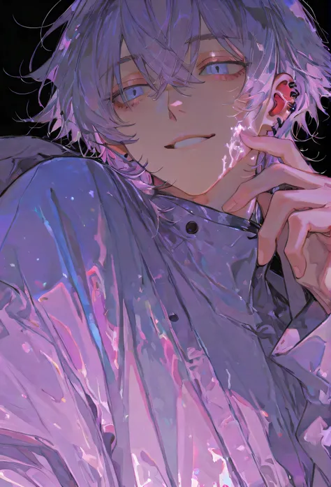 1 number, guys, pretty face , short hair , light hair color , messy hair , horse face, blue eyes , coat , black background,close-up of , ear piercing,purple theme, Straight line