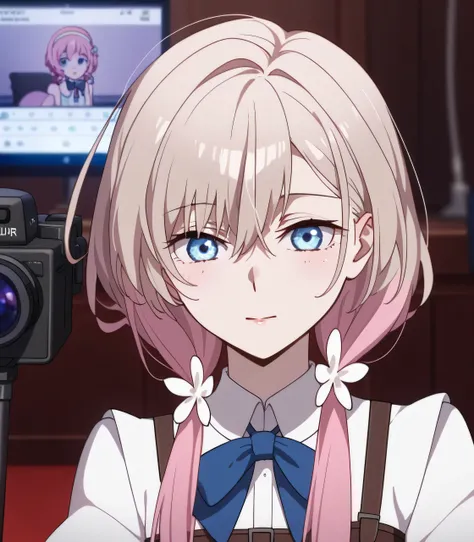 A young woman is shown with voluminous pastel pink hair cascading over her shoulders in soft curls, adorned with a delicate light brown headband. Her demeanor suggests a relaxed and reflective mood as she rests her chin on her hands. She wears a pale blue ...