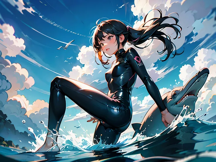 straddles a bottlenose dolphin jumping from the surface of the sea、Girl in a black wetsuit