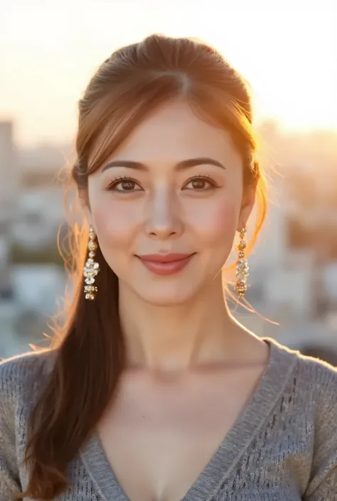 Sunrise rooftop overlooking city skyline, close-up of her face, tied-back hair with long earrings, warm light touching her cheek, looking directly at the camera with a serene, hopeful gaze.
RAW photo, Canon EOS R5, 50mm lens, f/2.2, ISO 100, shutter speed ...