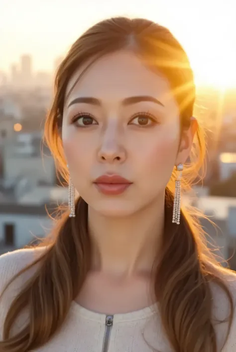 Sunrise rooftop overlooking city skyline, close-up of her face, tied-back hair with long earrings, warm light touching her cheek, looking directly at the camera with a serene, hopeful gaze.
RAW photo, Canon EOS R5, 50mm lens, f/2.2, ISO 100, shutter speed ...
