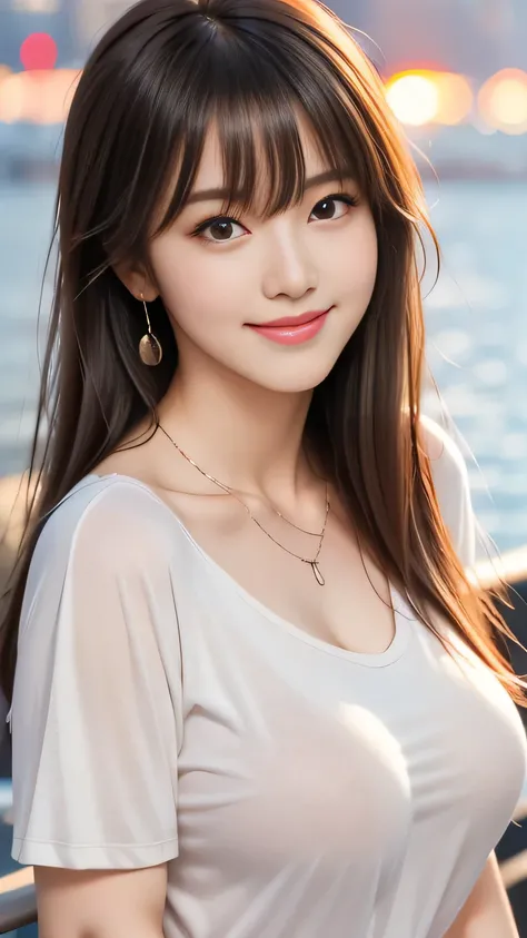 upper body closeup photo　5 anatomically correct fingers　Pretty Korean woman 　(((straight hair with bangs))) earrings　thin necklace　(((Ｔshirt )))　big boobs　Enhancement of breast firmness　　Sensual Body　 cute charming smile　looking at the camera 　Beautiful su...