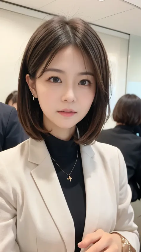 Neat Young Woman、looking at the camera、office lady suit、necklace、Ear piercings、Bob Hairstyle、brown hair、、The background is a dim room、face close-up、