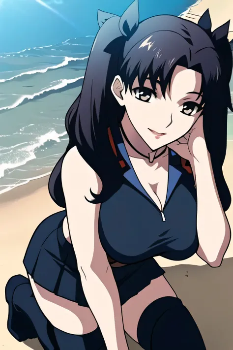 can you draw her facial expressions more delicately,dark-haired woman with twin tails 、I'm wearing a hair ornament on my twin tails,,smiling Yang,Please draw a woman in a sleeveless dress with large red breasts,pleated skirt,Silver cross necklace ,,I'm we...