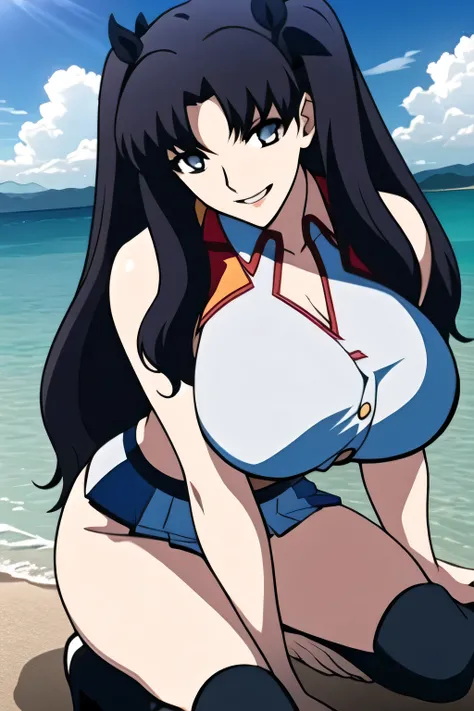 Can you draw her expression more delicately,dark-haired woman with twin tails 、I wear hair ornaments on my twin tails,,smiling Yang,Please draw a woman in a sleeveless dress with large red breasts,pleated skirt,Silver cross necklace ,,I'm wearing thigh-...