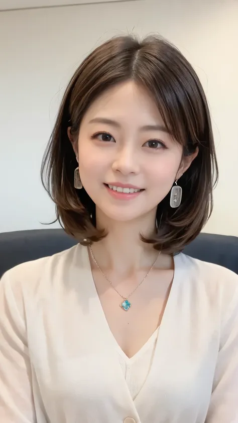 Neat Young Woman、looking at the camera、office lady suit、necklace、Ear piercings、Bob Hairstyle、dark haired、、Smile 、The background is a dim room、face close-up、