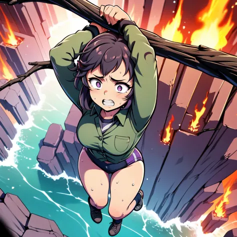 masterpiece,best quality,highly detailed,1girl,solo,scared,raised eyebrows,constricted pupils,surprised,clenched teeth,sweat,sweatdrop,purple eyes,black hair,long hair,lycoris uniform,green ribbon,long sleeves,black gymnastics bloomers,high leg,self wedgie...