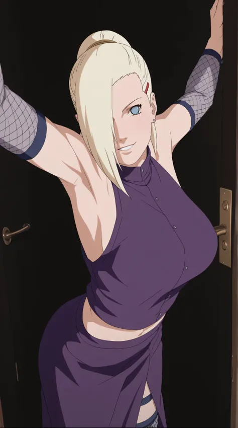 there is a cute teenager girl in a purple dress posing in he doorway of the bedroom's door for teasing, inspired by INO, ino yamanaka from naruto, (nsfw) not safe for work, rendered in sfm, anime art style, thicc, yamanaka ino, kunoichi, anime styled 2d, a...