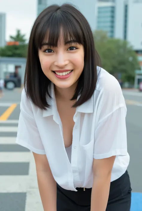 High Precision。masterpiece。a beautiful Japanese woman lying face down。 front view。Jet Black Hair。A loose, oversized business shirt with a collar is worn with the upper body bare and unbuttoned。buttoned business shirt standing at an intersection。(Unbuttoned...