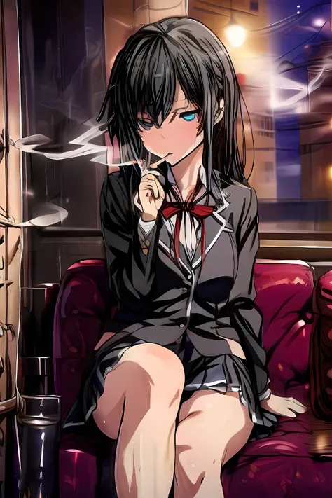 smoking girl,night,pleated_skirt,yukinoshita_yukino, long_hair, black_hair, red_ribbon,blue eyes,((sobu high school uniform)),((masterpiece))), ((best quality)), (ultra-detailed), ((an extremely delicate and beautiful)),(unity 8k wallpaper),hotel, inside,s...