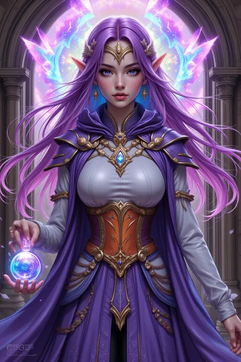 Colorful,zavy-ctcmcs,w1n,hyp3rd3tail style,aidmamj6.1,a picture of a female elf (intense details, Masterpiece, best quality) fantasy cleric, fantasy celestial guardian, armed with a holy symbol, shinning holy symbol, metallic shine, an ultra wide shot, ful...