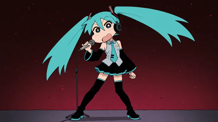 A woman singing into a microphone.little character, anime style, source animation, market_Cresine, Crayon Shin-chan style, Shinnohara, solo, looking_in_viewer, simple_Background,
1girl, is standing, Full_body,maha's rya_mouth, black_eye, from_front in the ...