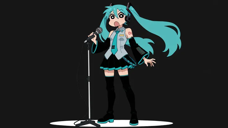 A woman singing into a microphone.little character, anime style, source animation, market_Cresine, Crayon Shin-chan style, Shinnohara, solo, looking_in_viewer, simple_Background,
1girl, is standing, Full_body,maha's rya_mouth, black_eye, from_front in the ...
