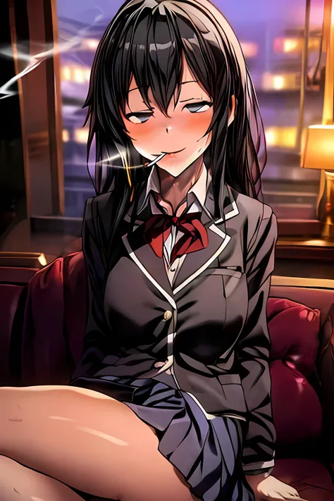 giggle_fit,passed_out,drunkface,drunk,yorime,((crossed eyes)),brush,smoking girl,night,pleated_skirt,yukinoshita_yukino, long_hair, black_hair, red_ribbon,blue eyes,((sobu high school uniform)),((masterpiece))), ((best quality)), (ultra-detailed), ((an ext...