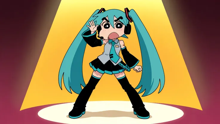 A woman singing into a microphone.little character, anime style, source animation, market_Cresine, Crayon Shin-chan style, Shinnohara, solo, looking_in_viewer, simple_Background,
1girl, is standing, Full_body,maha's rya_mouth, black_eye, from_front in the ...