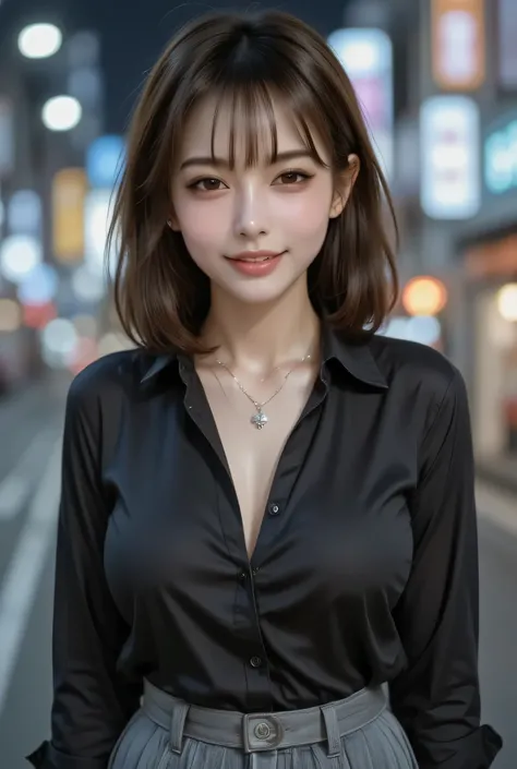 Japanese adult woman standing against Kyoto's downtown night scape. wearing black shirt and grey tight mini skirt illuminated by night lights. large breasts, alluring thighs. Well-defined features, deep brown eyes, long eyelashes with natural double eyelid...