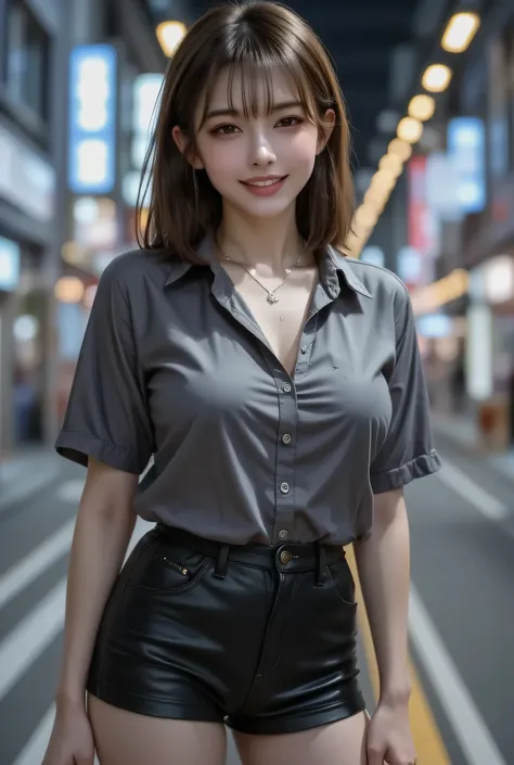 Japanese adult woman standing against Kyoto's downtown night scape. wearing dark grey shirt and black tight mini skirt illuminated by night lights. large breasts, alluring thighs. Well-defined features, deep brown eyes, long eyelashes with natural double e...
