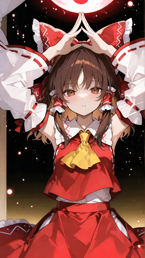 brown hair, brown eyes, yellow ascot, red shirt, red skirt, hair bow, detached sleeves, white sleeves,brown hair, brown eyes, yellow ascot, red shirt, red skirt, hair bow, detached sleeves, white sleeves,Touhou Project、博麗Reimu、Reimu、(floating in the sky、ra...