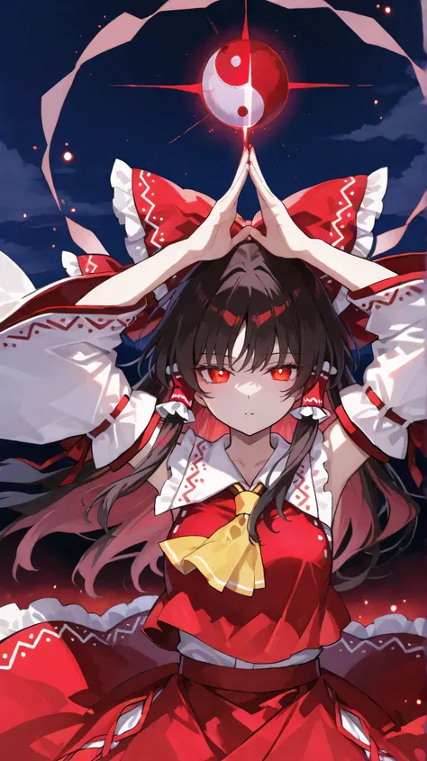 Touhou Project、博麗Reimu、Reimu、(floating in the sky、raises both hands above head),Red yin and yang mark shining above the head、Countless glowing particles、Moonlit Night、The yin and yang mark is shining red