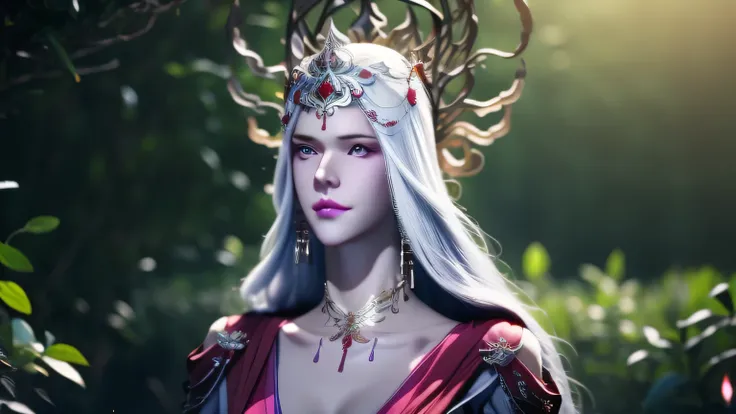 A 3d animation sence,busty woman、a woman with very long hair, 4K detail fantasy, Movie goddess , Extremely detailed photos of the goddess, Beautiful fantasy queen with white saree, white hair treditional saree,at night in a jungle, 2. 5D CGI anime fantasy ...