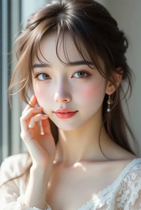 ((Highest Quality、masterpiece、high sensitivity、high resolution、detailed description、Delicate Facial Expression、Fvalue:6.0))、((slender woman))、advanced digital art、white lace blouse、Tulle Skirt、Put your laptop on your lap、long legs、pink dress with open ches...