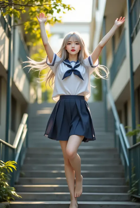 ((Representative works:1.4),(Highest Quality:1.4),(live-action:1.7))((her body floats up))、((high school girl floating off the stairs of the school building))、(Sailor suit )、Always be wary of enemies、stand in concentration、((she floats up))、 (Japanese high...