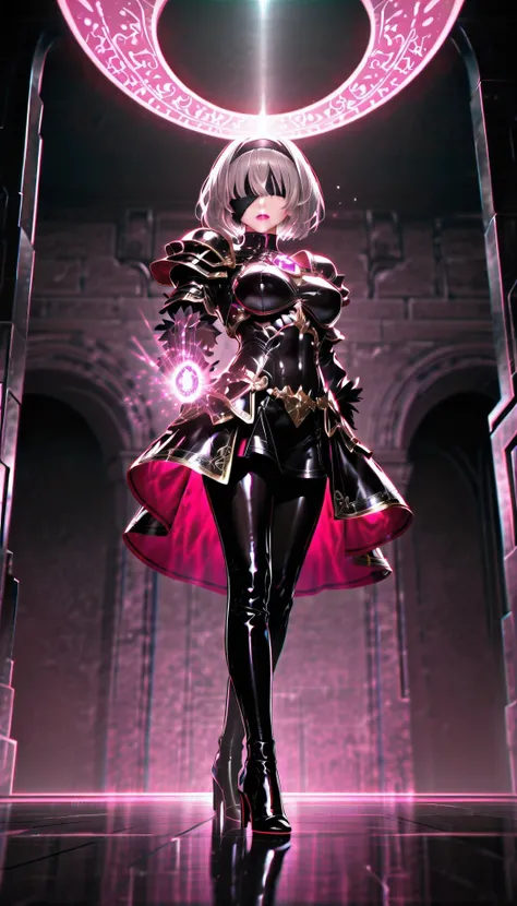 ( one girl, Alone, Alone), (Detailed depiction of Yorha's .2 Type B, 2b,  one girl, Alone,  short hair,  gray hair,  hair band,  blind fold above gemst, Cover your eyes , black  blind fold above gemst), ((Alone, ( 1 Woman ,  pink lipstick in it ),  very de...