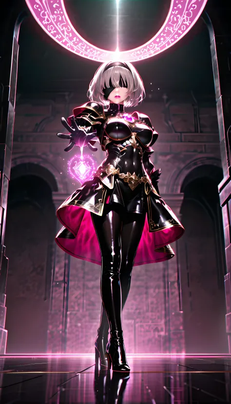 ( one girl, Alone, Alone), (Detailed depiction of Yorha's .2 Type B, 2b,  one girl, Alone,  short hair,  gray hair,  hair band,  blind fold above gemst, Cover your eyes , black  blind fold above gemst), ((Alone, ( 1 Woman ,  pink lipstick in it ),  very de...