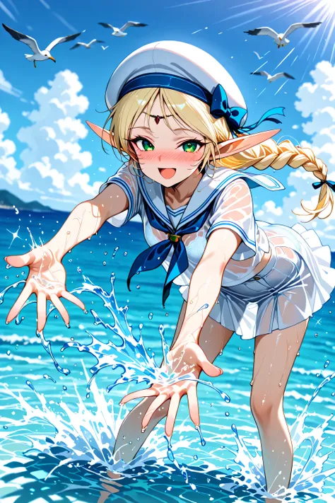 masterpiece, best quality, highres, incredibly absurdres, amazing quality, 
1girl,solo ,three quarter view,motion blur,looking at viewer,from above,
deedlit, pointy ears, elf, blonde hair, French braided ponytail, white serafuku,white sailor collar,white s...