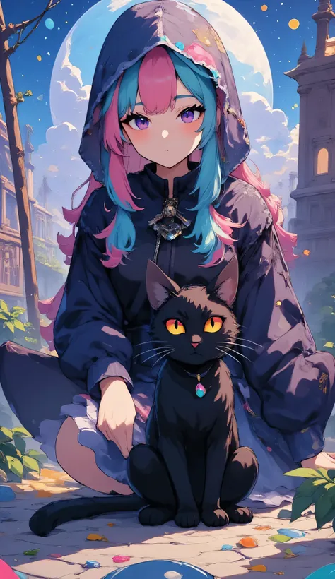 Black Cat,Cat and witch,High Quality,Fantasy,real,Portrait,Hi Deteal,4K,Realistic,beautiful,Bokeh,dramatic,dark,moonlight,Magical Vibes,front,Sitting,Clear Eyes,Flexible Movement,transparent magical energy