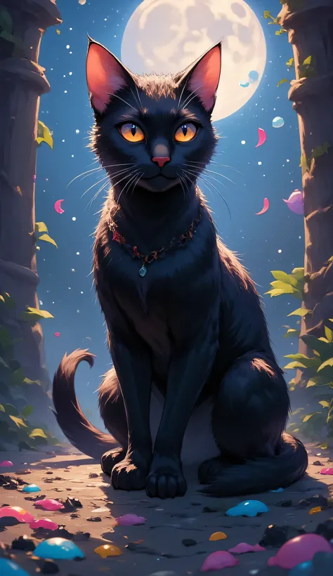Black Cat,,High Quality,Fantasy,real,Portrait,Hi Deteal,4K,Realistic,beautiful,Bokeh,dramatic,dark,moonlight,Magical Vibes,front,Sitting,Clear Eyes,Flexible Movement,transparent magical energy