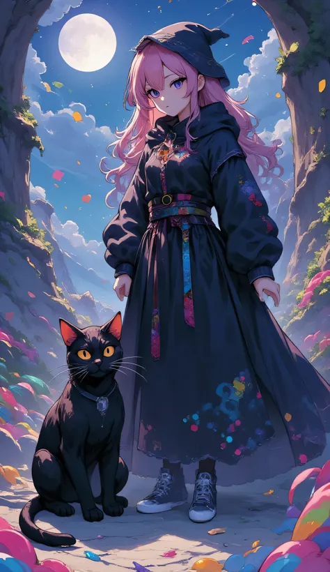 Black Cat,Cat and witch,High Quality,Fantasy,real,Portrait,Hi Deteal,4K,Realistic,beautiful,Bokeh,dramatic,dark,moonlight,Magical Vibes,front,Sitting,Clear Eyes,Flexible Movement,transparent magical energy