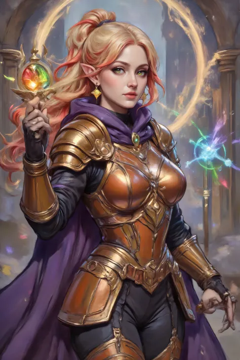 Colorful,zavy-ctcmcs,w1n,hyp3rd3tail style,aidmamj6.1,a picture of a female elf (intense details, Masterpiece, best quality) fantasy cleric, fantasy celestial guardian, armed with a holy symbol, shinning holy symbol, metallic shine, an ultra wide shot, ful...