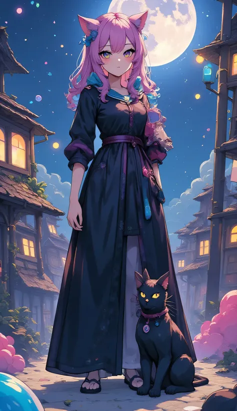 Black Cat,Cat and witch,High Quality,Fantasy,real,Portrait,Hi Deteal,4K,Realistic,beautiful,Bokeh,dramatic,dark,moonlight,Magical Vibes,front,Sitting,Clear Eyes,Flexible Movement,transparent magical energy