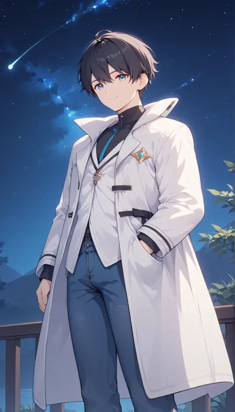 Kevin, masterpiece, Best Quality, very aesthetic, 1boy, cool, Adult male, Height 175cm, male college student, black hair, blue eyes, (white coat, long coat), (black inner), jeans, solo, smile, outdoor, in the night, starry sky,
