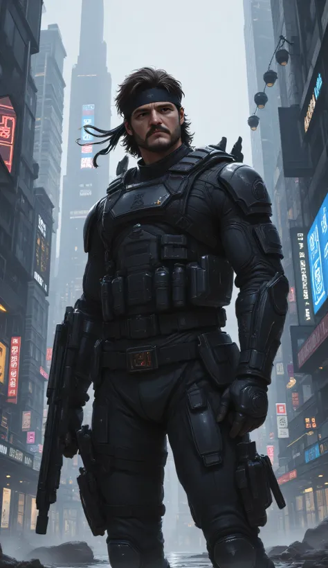 Pedro Pascal as Solid Snake, hyper-detailed, digital illustration, futuristic soldier-hero, standing, cyberpunk city, rugged features, short beard, intense eyes, long hair lied back, flowing tactical headband, wears a form-fitting high-tech stealth suit, s...