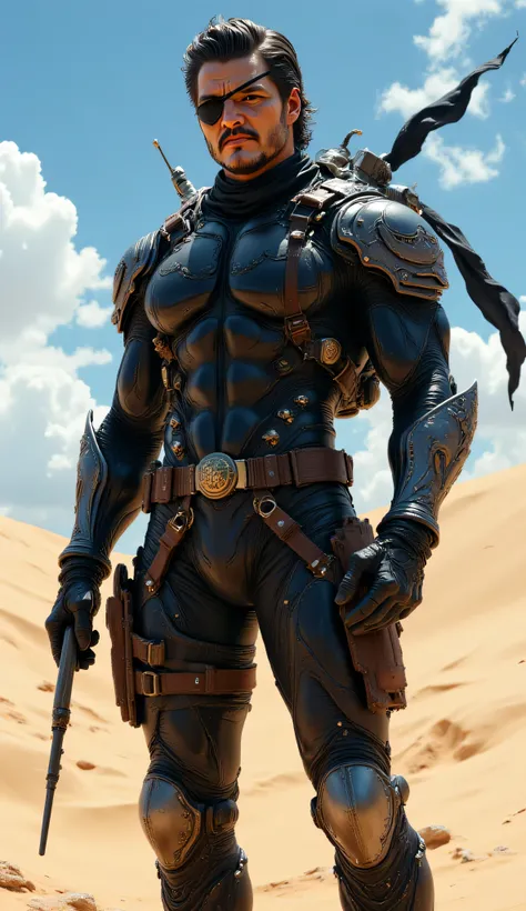 Pedro Pascal as Solid Snake, hyper-realistic, highly detailed, digital illustration, muscular soldier, futuristic stealth suit, standing confidently, desert environment, clear blue sky, wears a tight glossy black and silver bodysuit, muscular physique, arm...