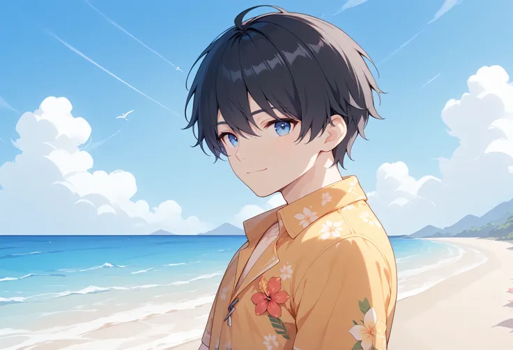 Kas_Swm, masterpiece, Best Quality, very aesthetic, 1boy, cool, Adult male, Height 175cm, male college student, black hair, blue eyes, (hawaiian shirt), solo, smile, outdoor, sea, beach,  upper body, look at viewer, From side,