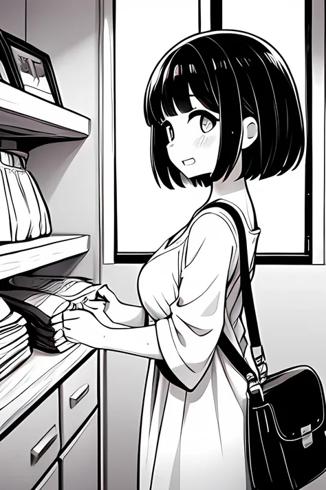 ((( Line art ))),((( monochrome:1.1))),ideal ratio body proportions,1girl ,solo,iris , Dark Eyes ,( small eyes ),(Slanted Eyes) ,open pupils ,(black hair),( short hair ),bangs ,open mouth  ,((short stature)),((white long tunic with frills)) ,((v-neck)), (s...