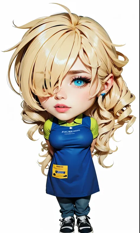 beautiful and sexy salesperson with green blue color beauty eyes and bright eyes. She has wavy blond curly hair. She has hairy eyelashes and pink lips with orange lip gloss. You cannot see her left eye because her left eye is covered by thick bangs. She wo...