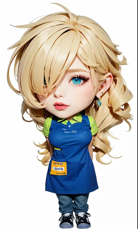 beautiful and sexy salesperson with green blue color beauty eyes and bright eyes. She has wavy blond curly hair. She has hairy eyelashes and pink lips with orange lip gloss. You cannot see her left eye because her left eye is covered by thick bangs. She wo...